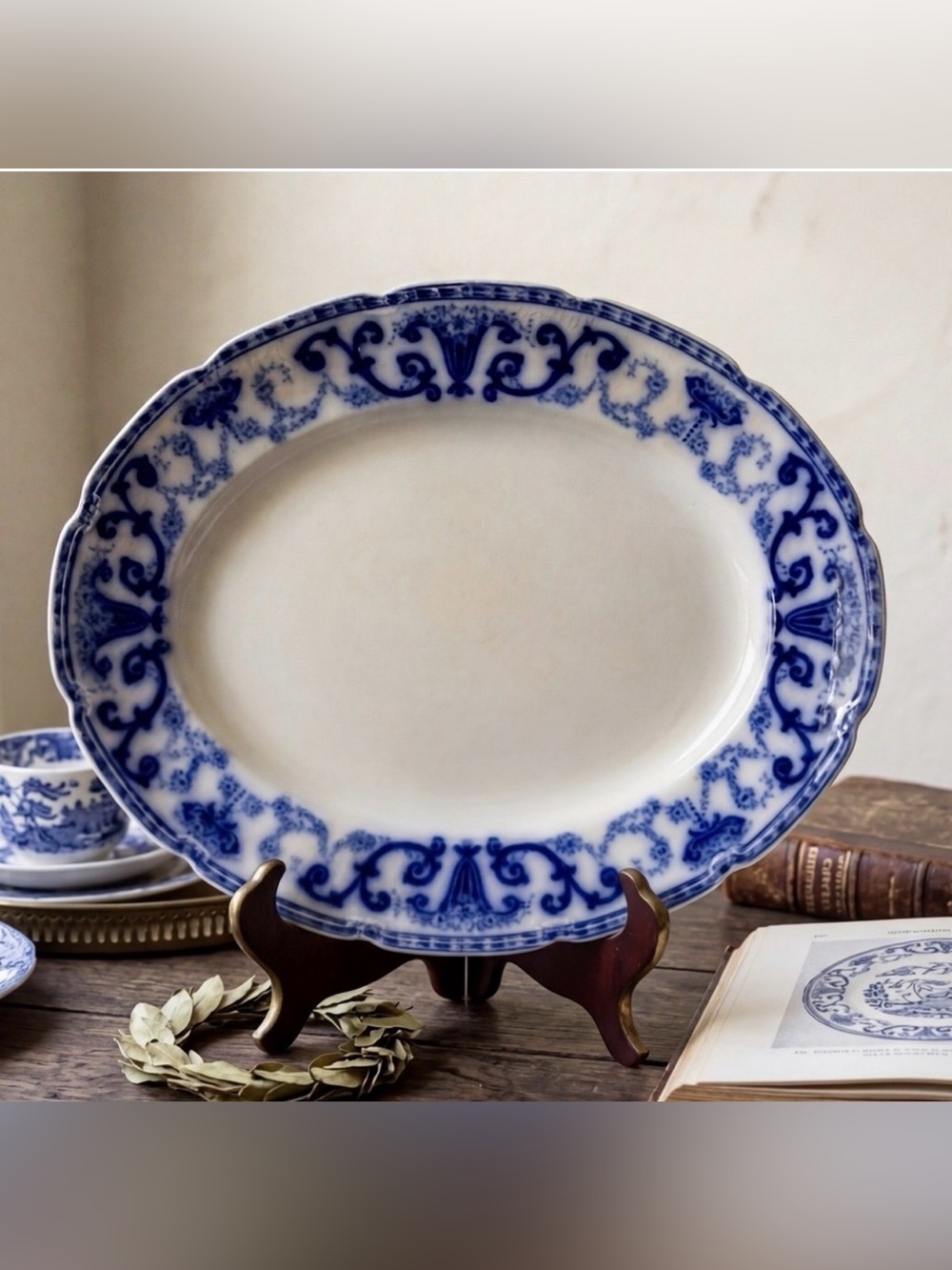 Antique W H GRINDLEY Denton Flow Blue Platter England 1800s Scalloped Edge
